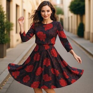 80s DDII NAVY & RED PAISLEY & BOLD FLORAL DROP WAIST SEMI SHEER DRESS SZ 10